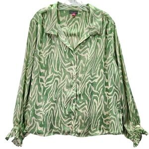 Vince Camuto Button Front Womens 2X Green Zebra Print Satin Long Sleeve Blouse